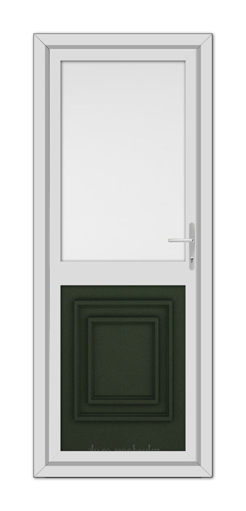 A Green Hannover Half uPVC Back Door with a square frosted glass window at the top and a raised green panel at the bottom.