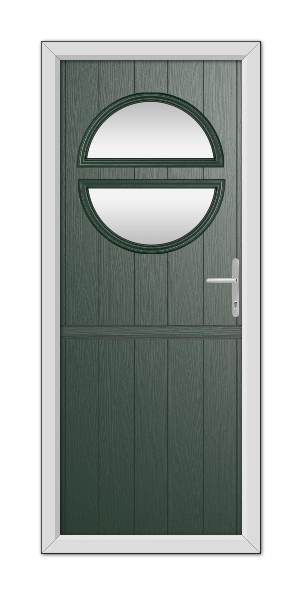 A modern Green Kent Stable Composite Door 48mm Timber Core with an oval glass window at the top, a circular window in the center, and a silver handle on the right side.