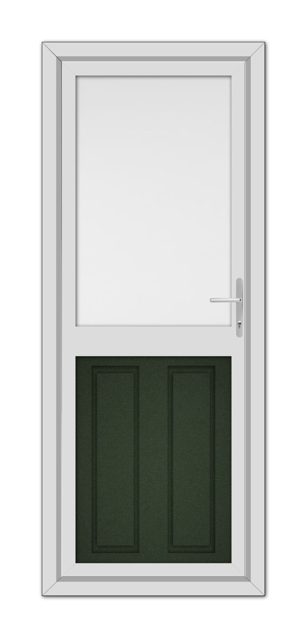 A Green Manor Half uPVC Back Door with a square glass window on top and dark green panels on the bottom, featuring a silver handle on the right side.