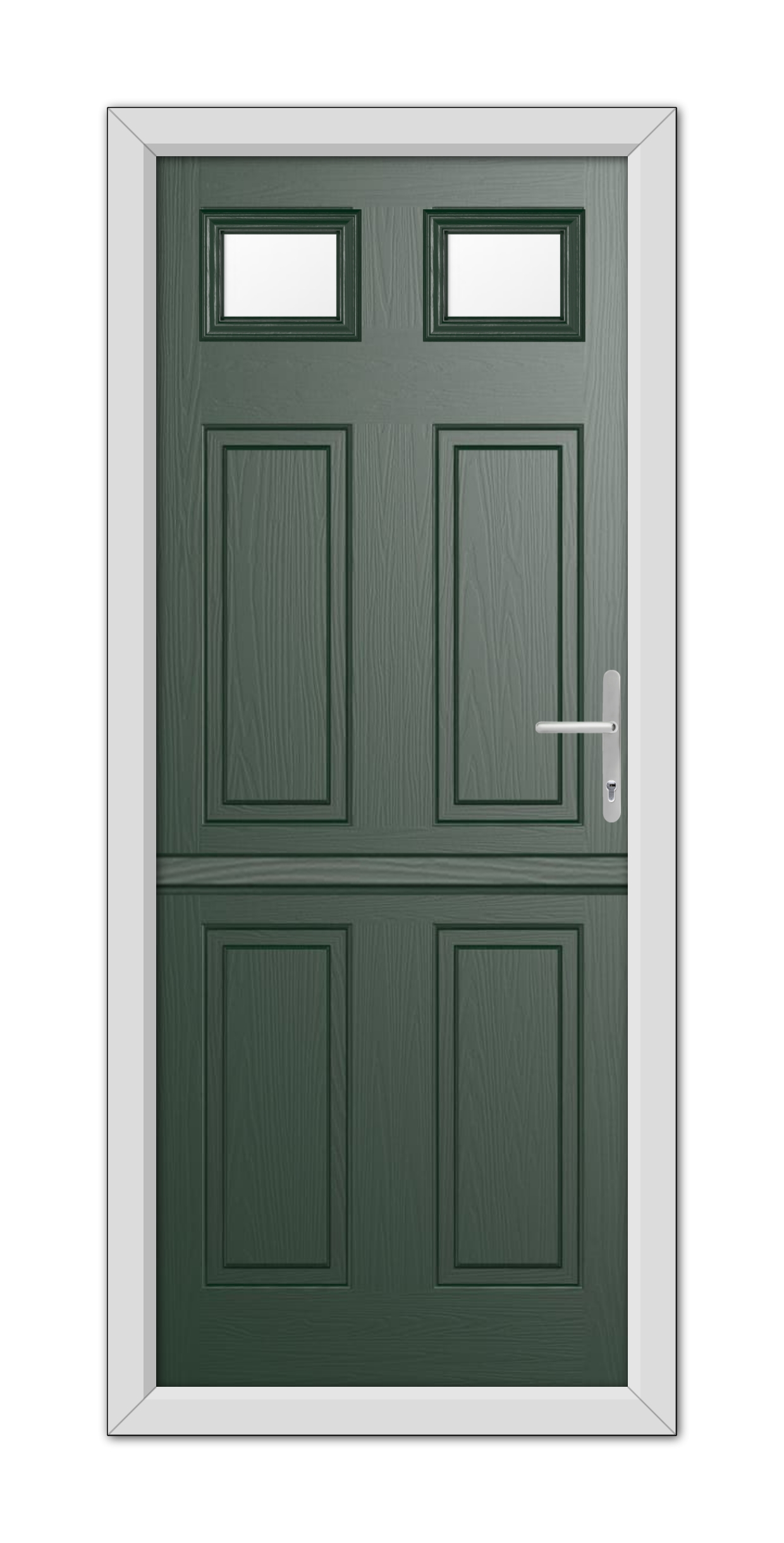 A modern Green Middleton Glazed 2 Stable Composite Door 48mm Timber Core with a silver handle and three small rectangular windows, set in a white frame.