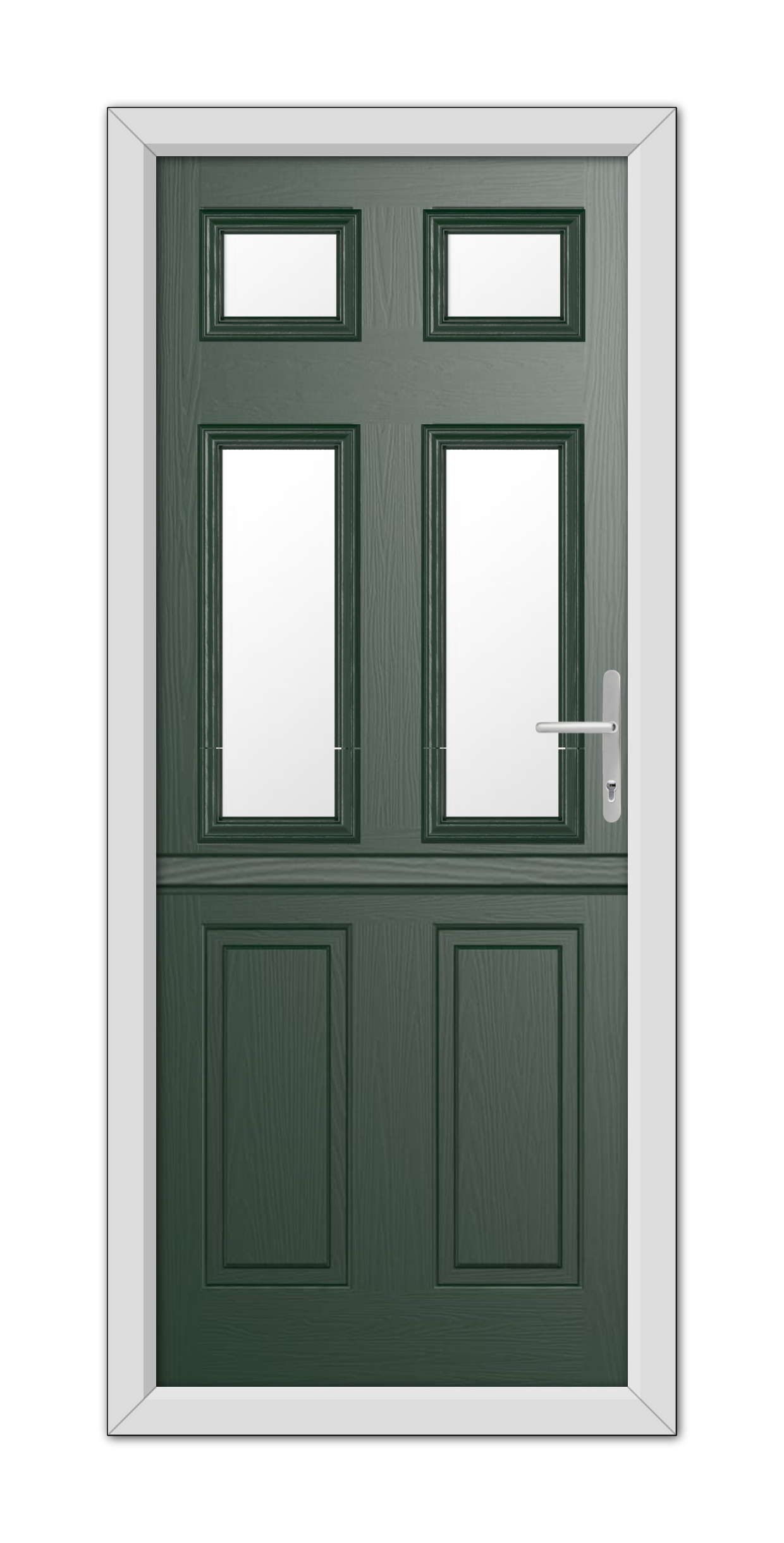 Green Middleton Glazed 4 Stable Composite Door 48mm Timber Core with a dark green finish, rectangular panels, two small windows, and a modern handle, set in a white frame.