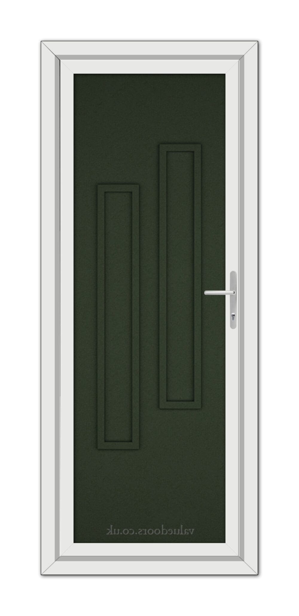 A vertical image of a Green Modern 5082 Solid uPVC Door with silver handle, set within a white frame, viewed from the front.