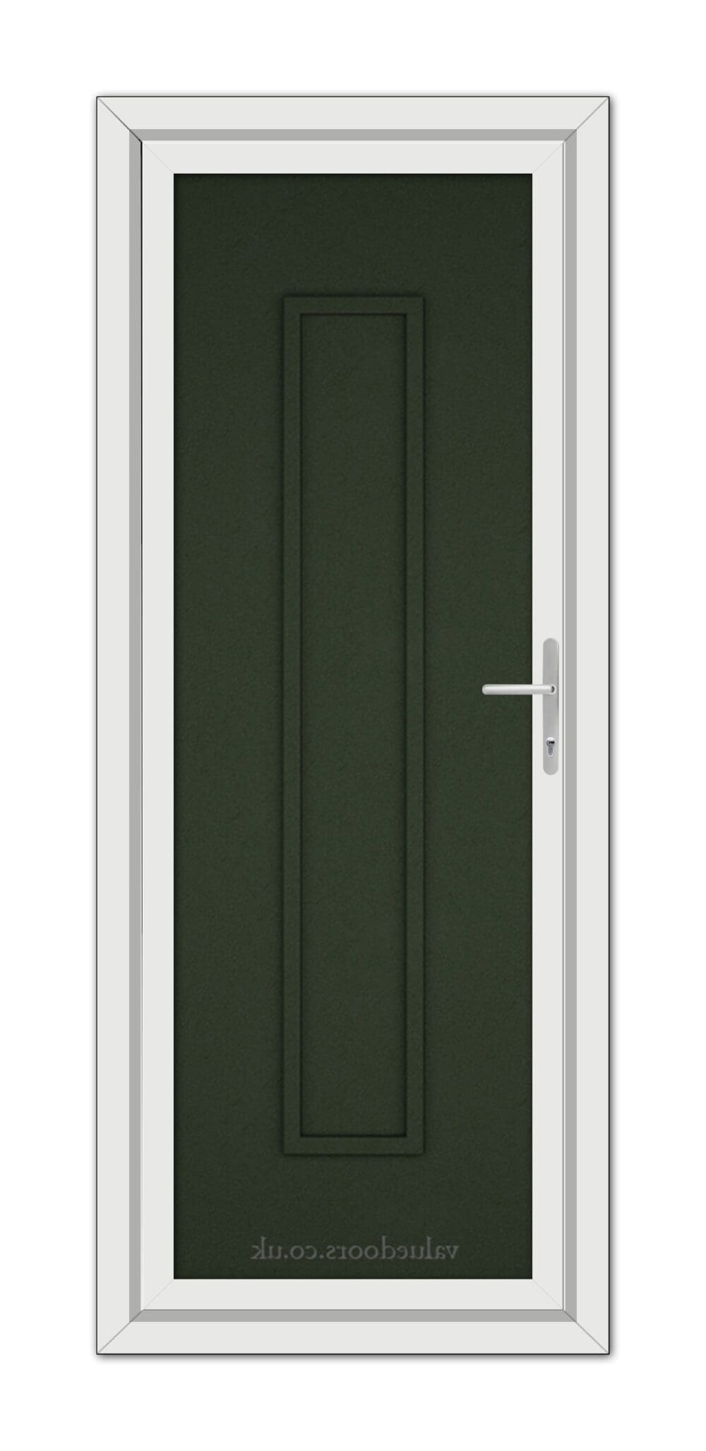 A Green Modern 5101 Solid uPVC door with a long, vertical embossed panel and silver handle, set within a white frame.