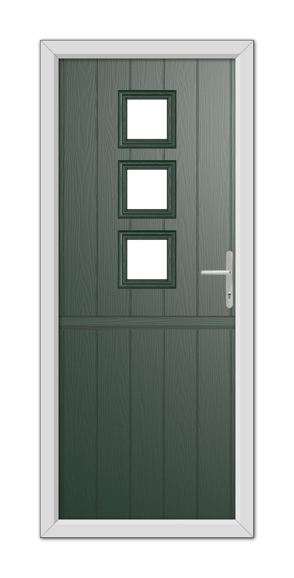 A modern Green Montrose Stable Composite Door 48mm Timber Core with a metallic handle and three rectangular windows, set in a white frame.