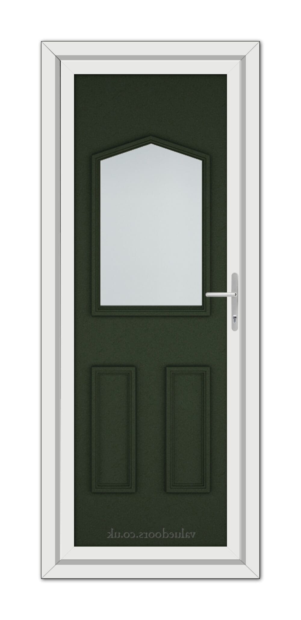 A vertical image of a Green Oxford uPVC Door with an arched window at the top, two recessed panels below, and a silver handle on the right.