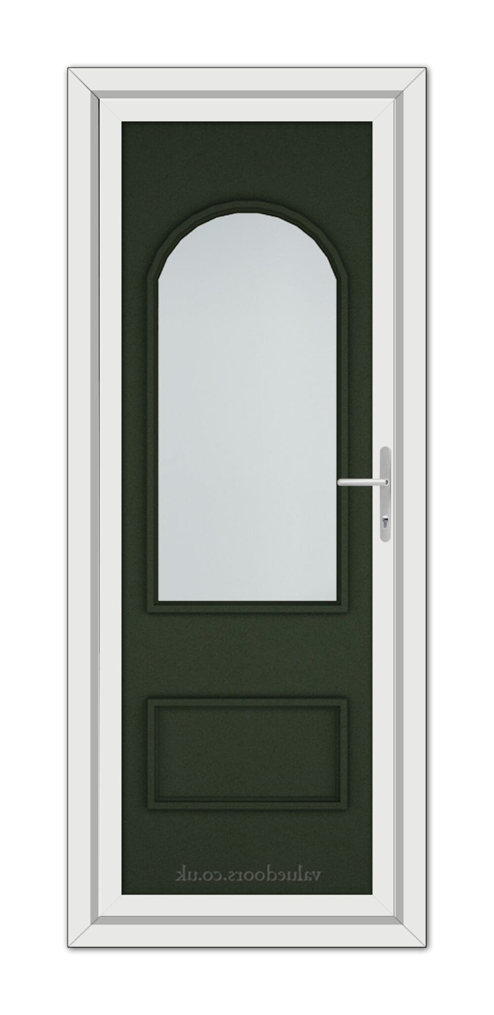 A Green Rockingham uPVC Door with an arched window and a silver handle, framed within a white door frame.