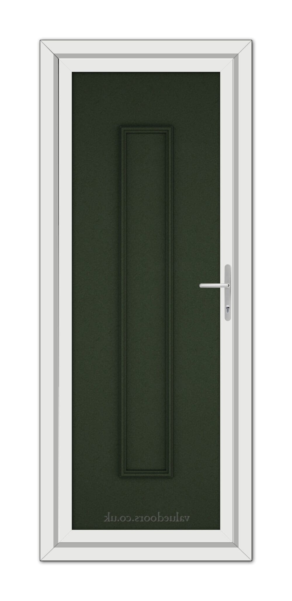 A modern, Green Rome Solid uPVC Door with a long, vertical, rectangular panel and a silver handle framed in white.