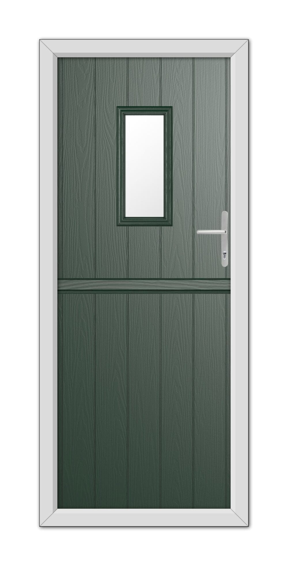 A modern Green Somerset Stable Composite Door 48mm Timber Core with a square window, installed in a white frame, featuring a metallic handle on the right side.