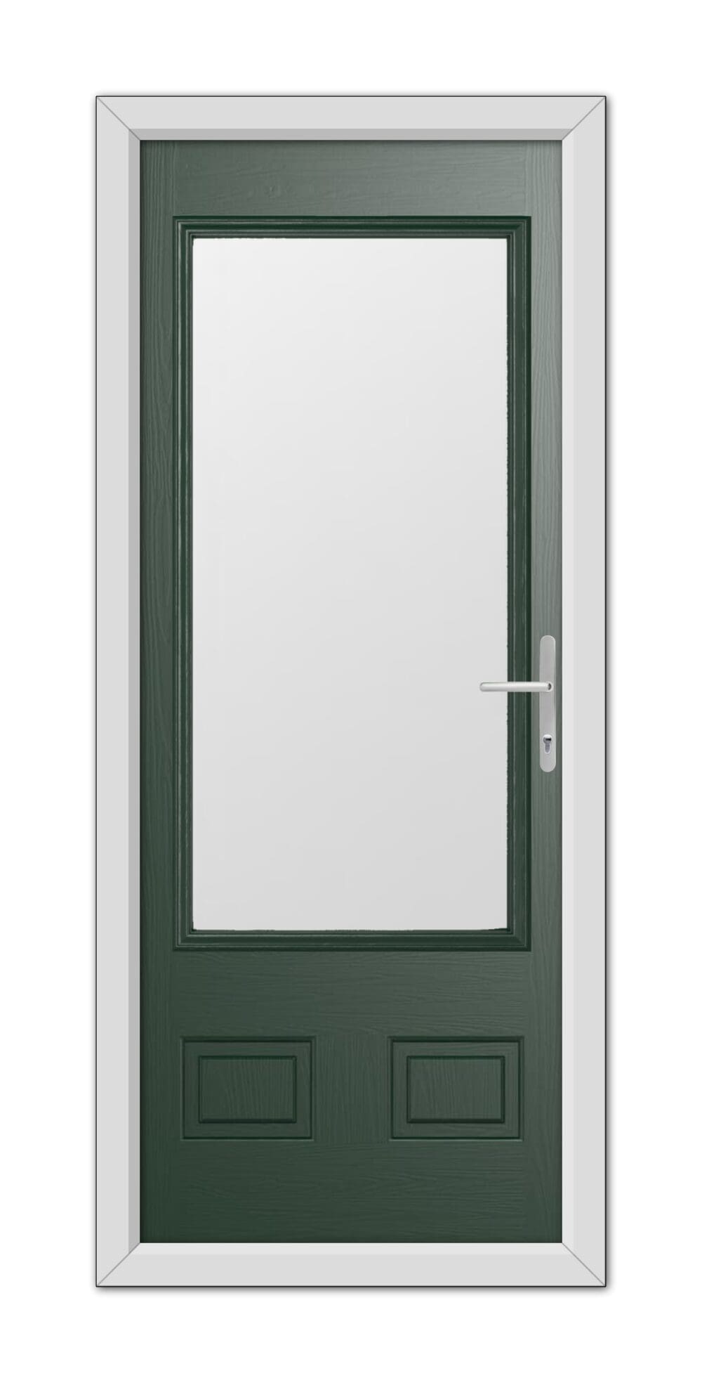 A Green Walcot Composite Door 48mm Timber Core with a white frame, featuring a central rectangular panel and two smaller panels at the bottom, equipped with a modern white handle.