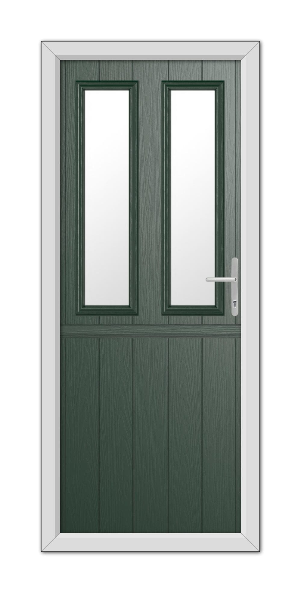 Double door with a Green Wellington Stable Composite Door 48mm Timber Core featuring rectangular windows and a modern handle, set in a white frame.