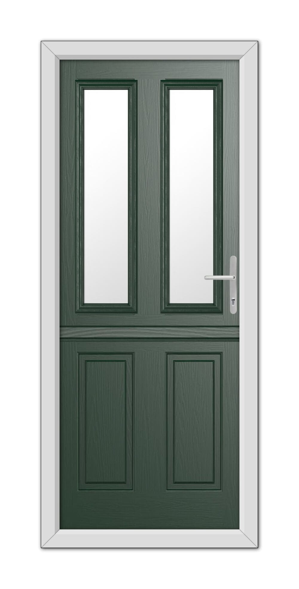 A modern Green Whitmore Stable Composite Door 48mm Timber Core with a white frame, featuring rectangular glass panels and a silver handle.