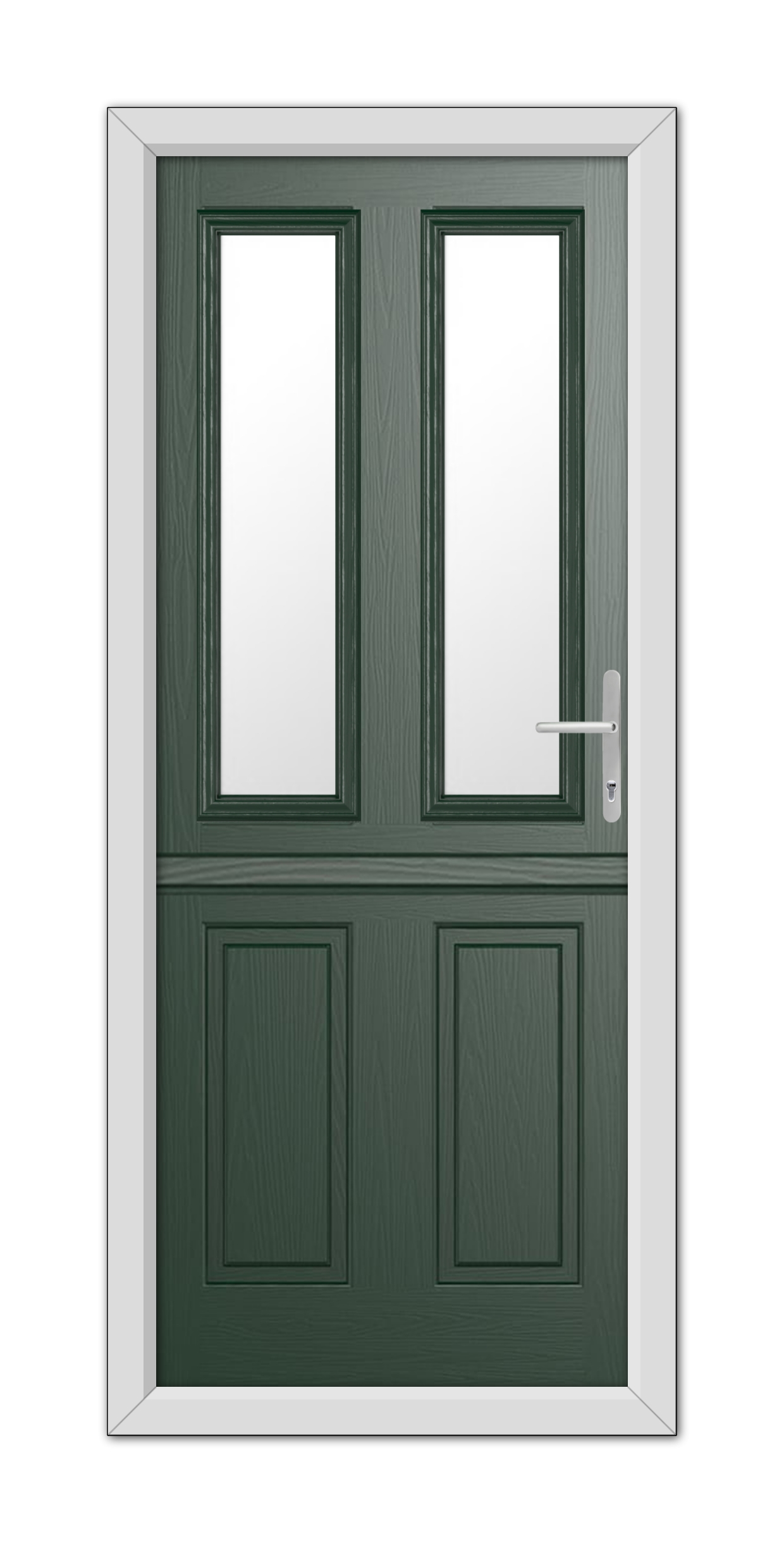 A modern Green Whitmore Stable Composite Door 48mm Timber Core with a white frame, featuring rectangular glass panels and a silver handle.