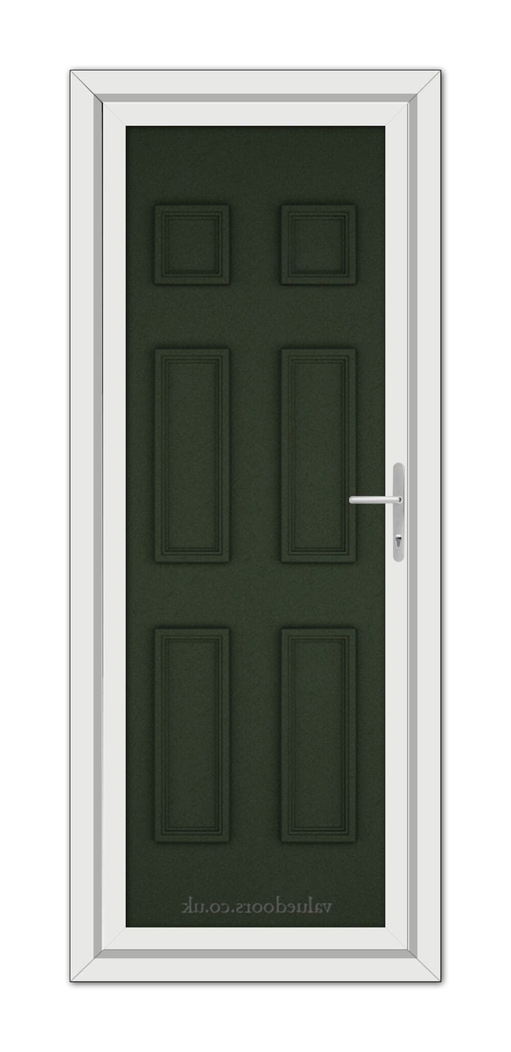 A vertical image of a closed, Green Windsor Solid uPVC Door with six panels, featuring a silver handle on the right side, set within a white door frame.