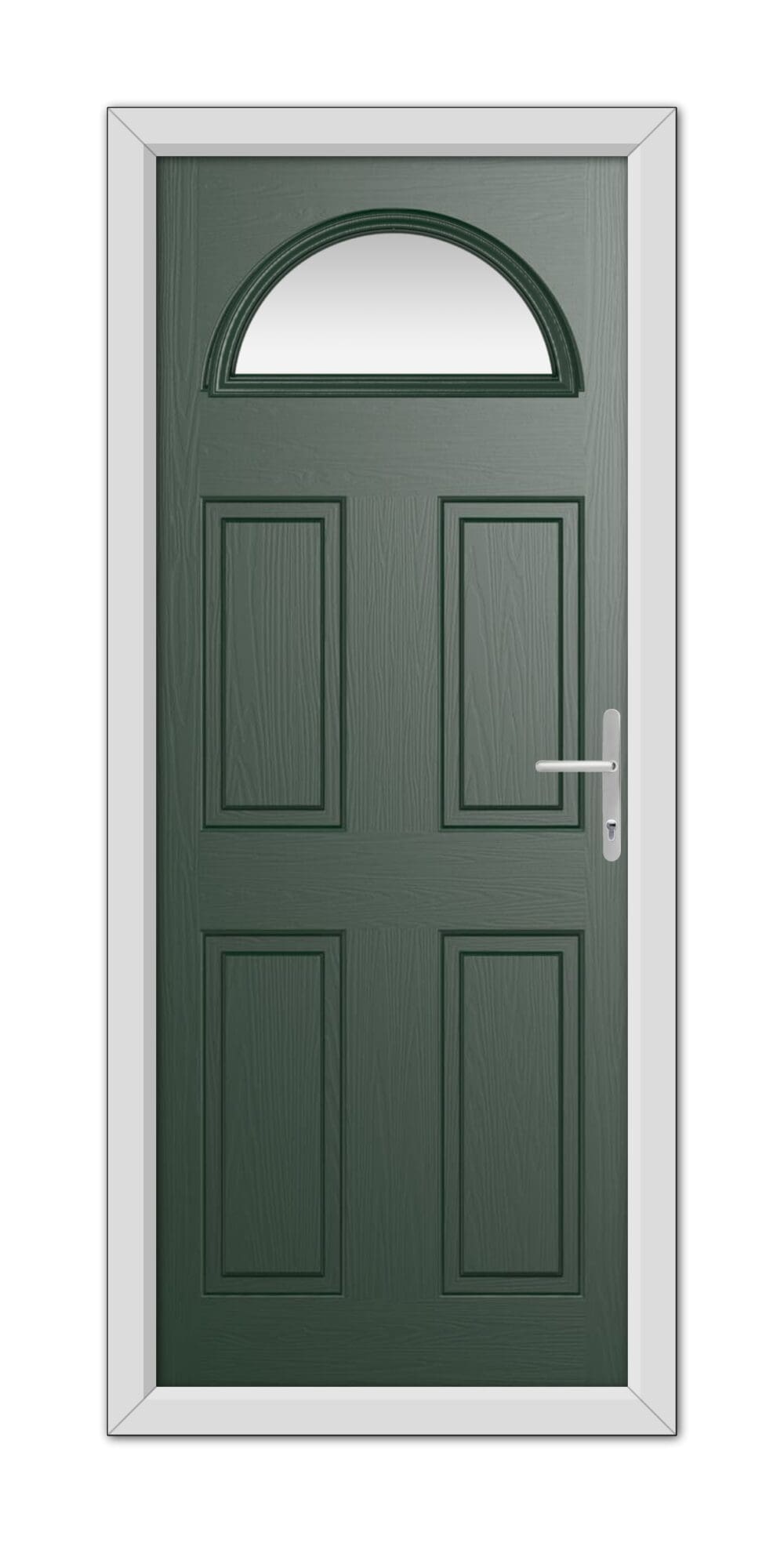 A modern Green Winslow 1 Composite Door 48mm Timber Core with six panels and an arched window at the top, framed in white, with a metallic handle on the right side.