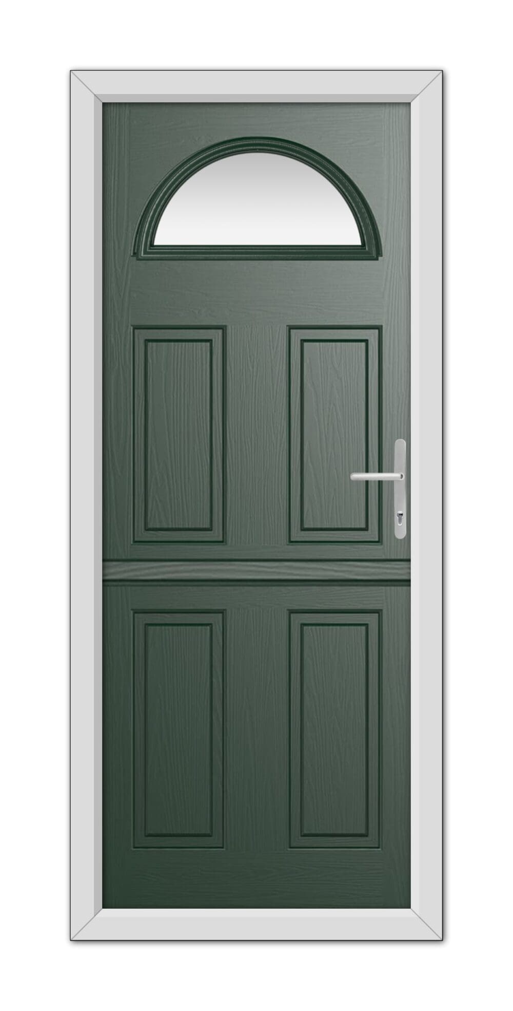 A Green Winslow 1 Stable Composite Door 48mm Timber Core with an arched window at the top, six panels, and a white handle, set in a white door frame.