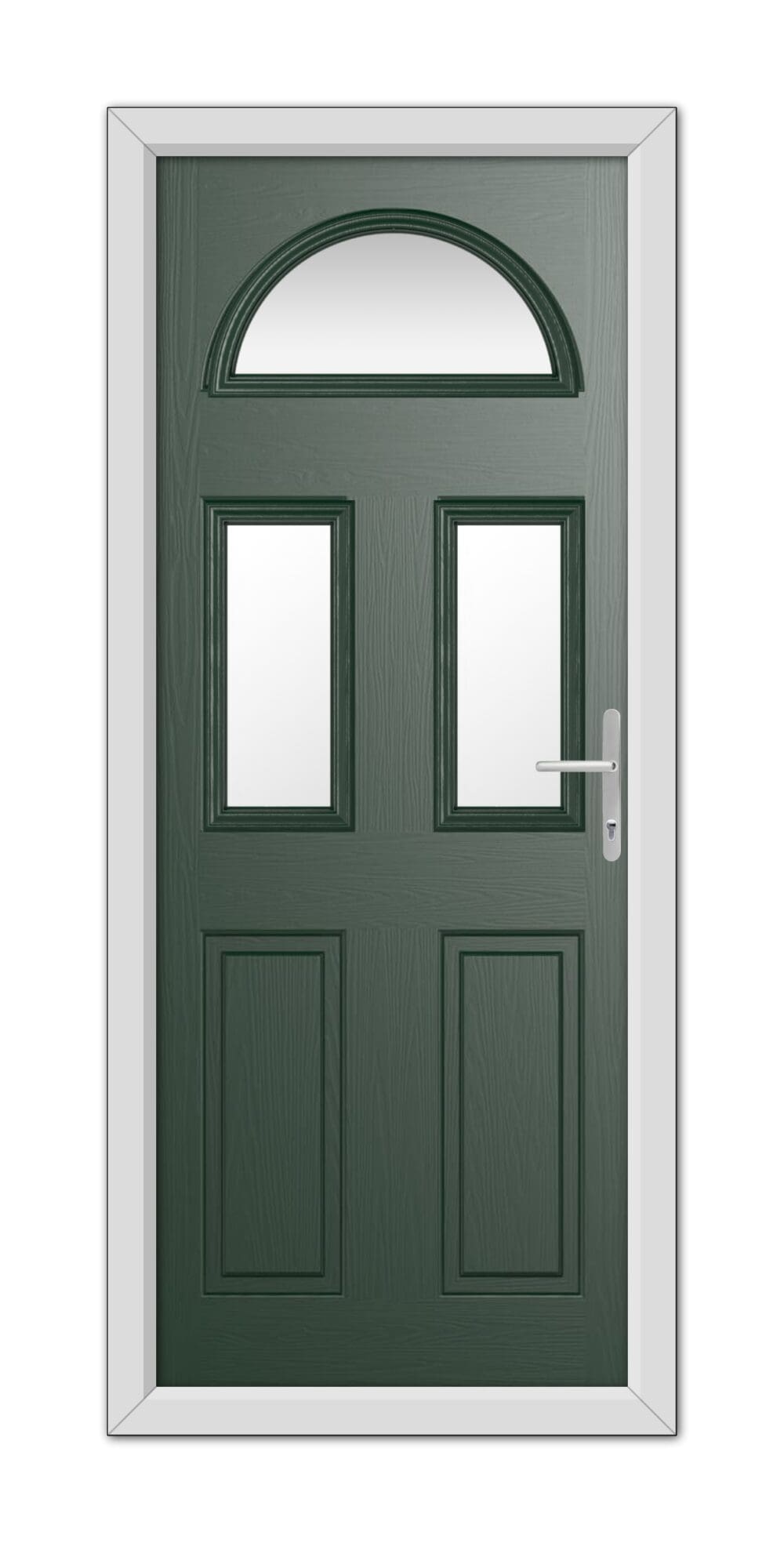 A Green Winslow 3 Composite Door with a semicircular transom window and white frame, featuring three rectangular glass panels.