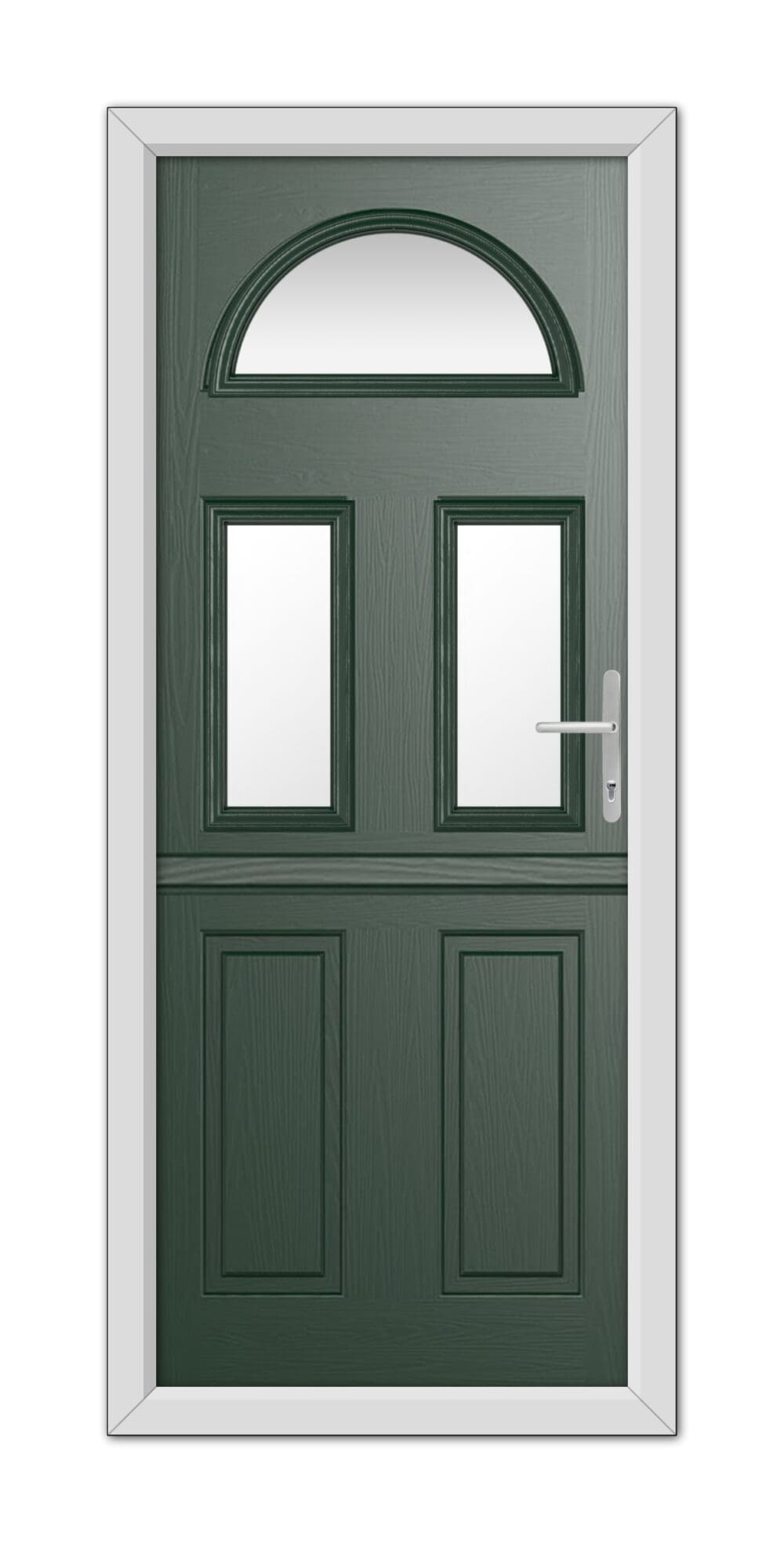 A Green Winslow 3 Stable Composite Door 48mm Timber Core with a semi-circular window at the top and three square windows on each door, featuring a white door handle and frame.