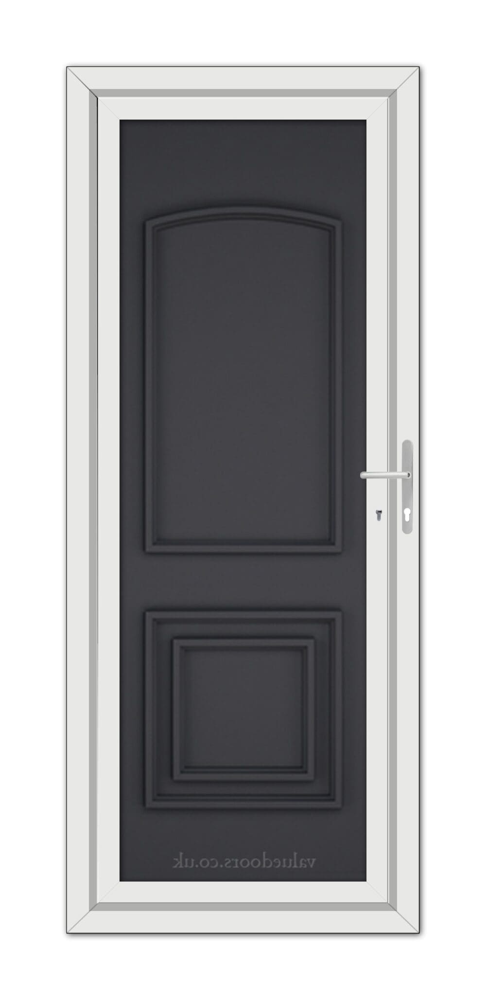 Modern Grey Balmoral Classic Solid uPVC door with a white frame and a steel handle, viewed from the front.