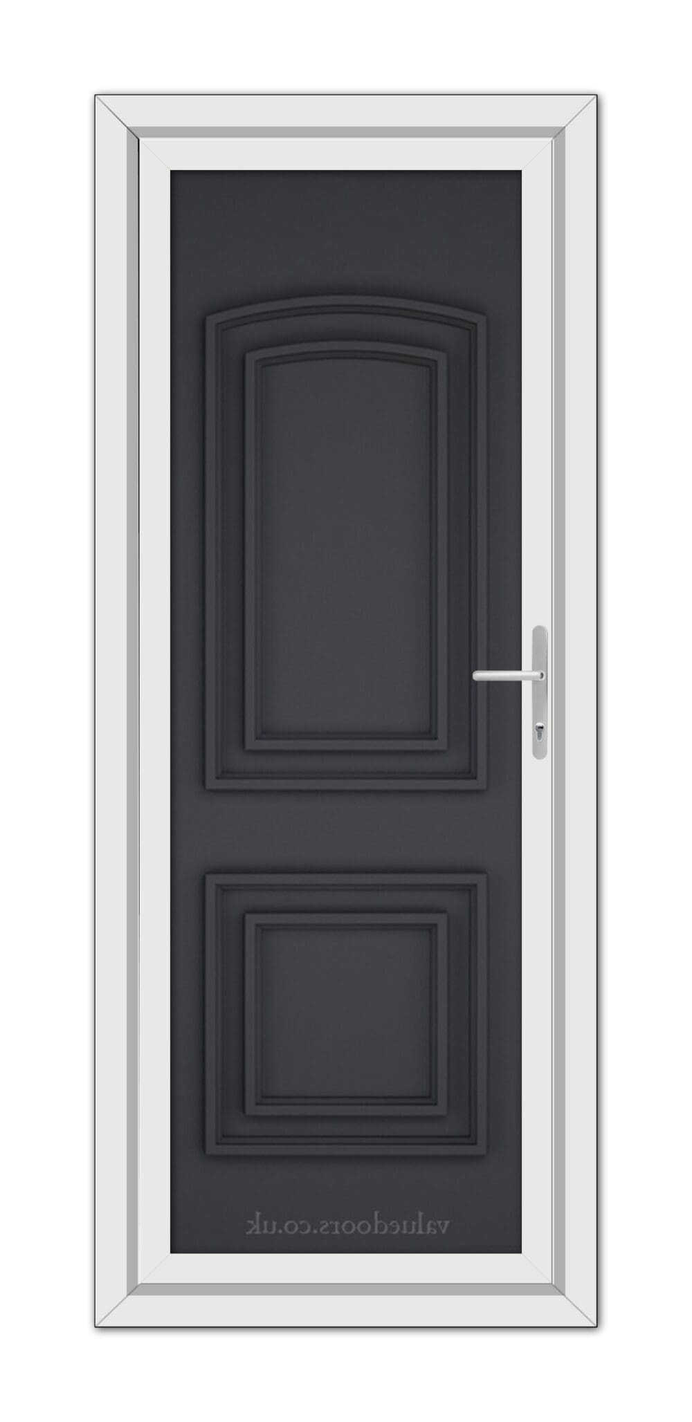 A modern grey Balmoral Solid uPVC door with a vertical handle set in a white frame, seen from the front.