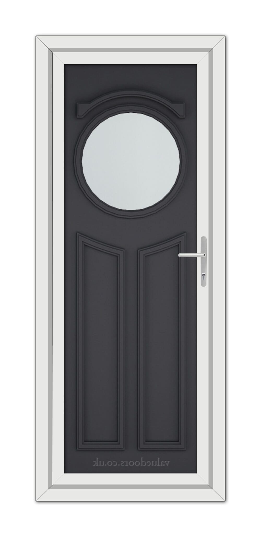 A modern Grey Blenheim uPVC Door with an oval-shaped window, set within a white frame, and equipped with a metallic handle on the right side.