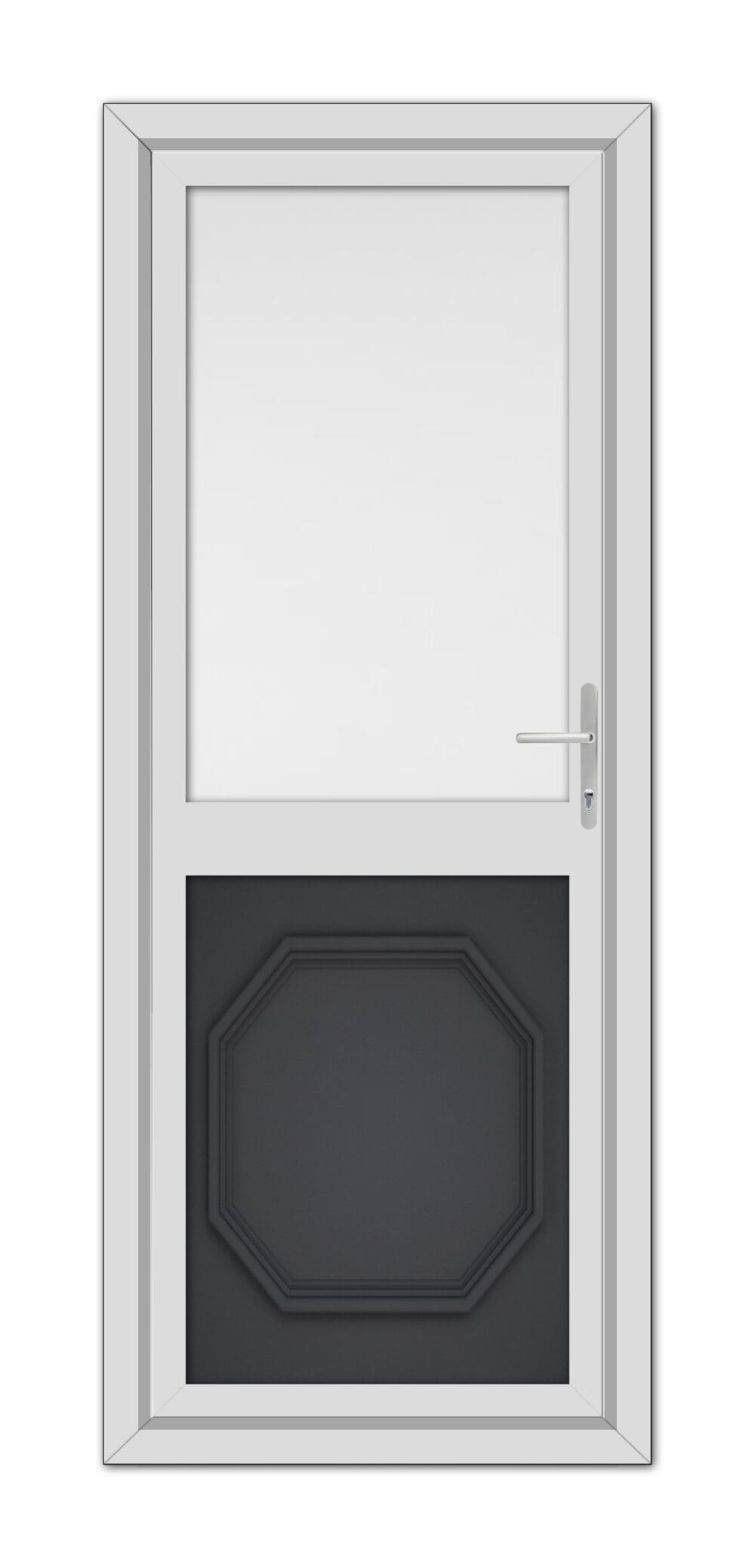 A Grey Buckingham Half uPVC Back Door, featuring a single dark panel at the bottom and a clear rectangular window at the top.