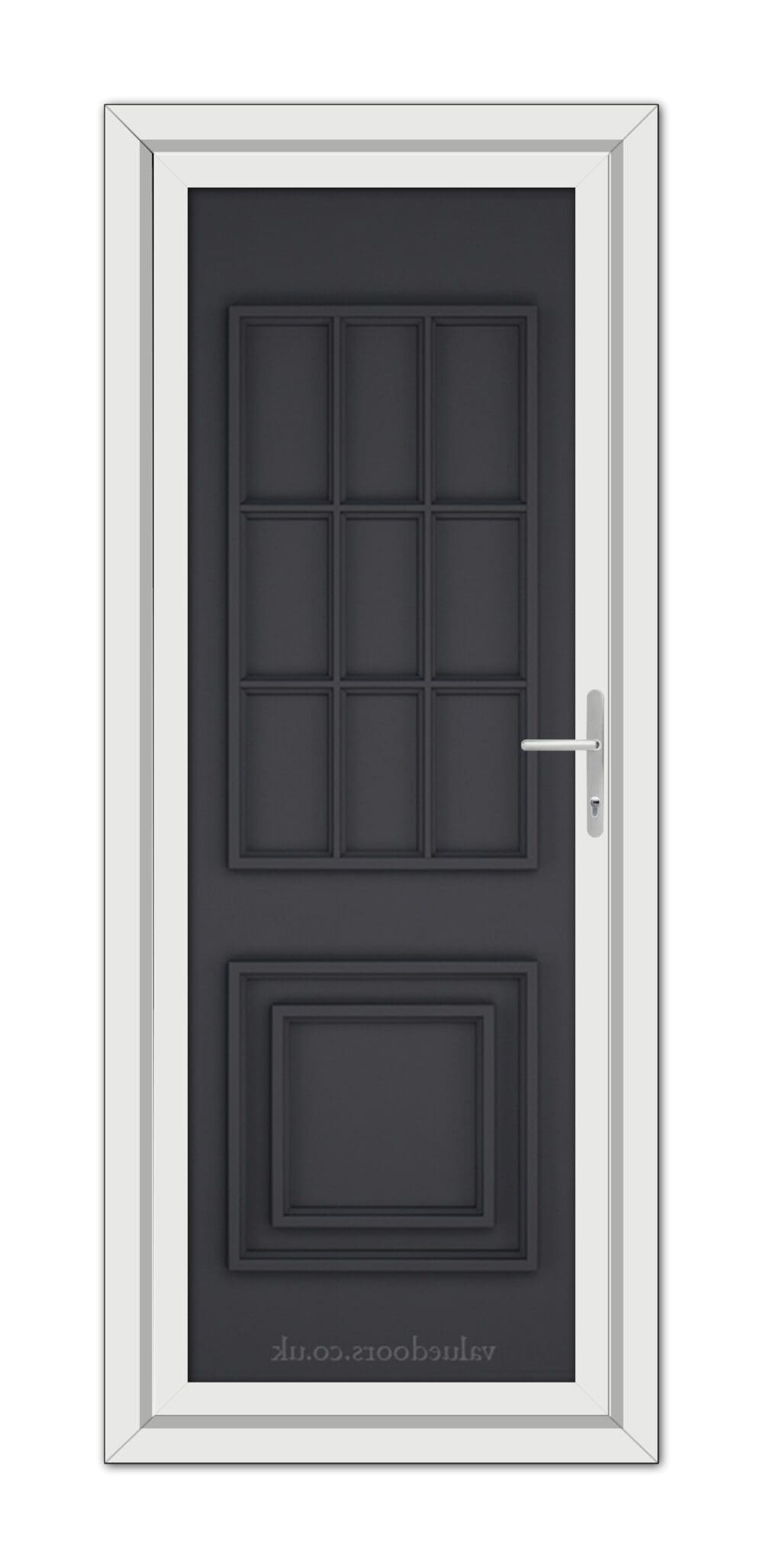 A modern grey Cambridge One Solid uPVC door with a metal handle, featuring a rectangular frame and multiple inset panels.