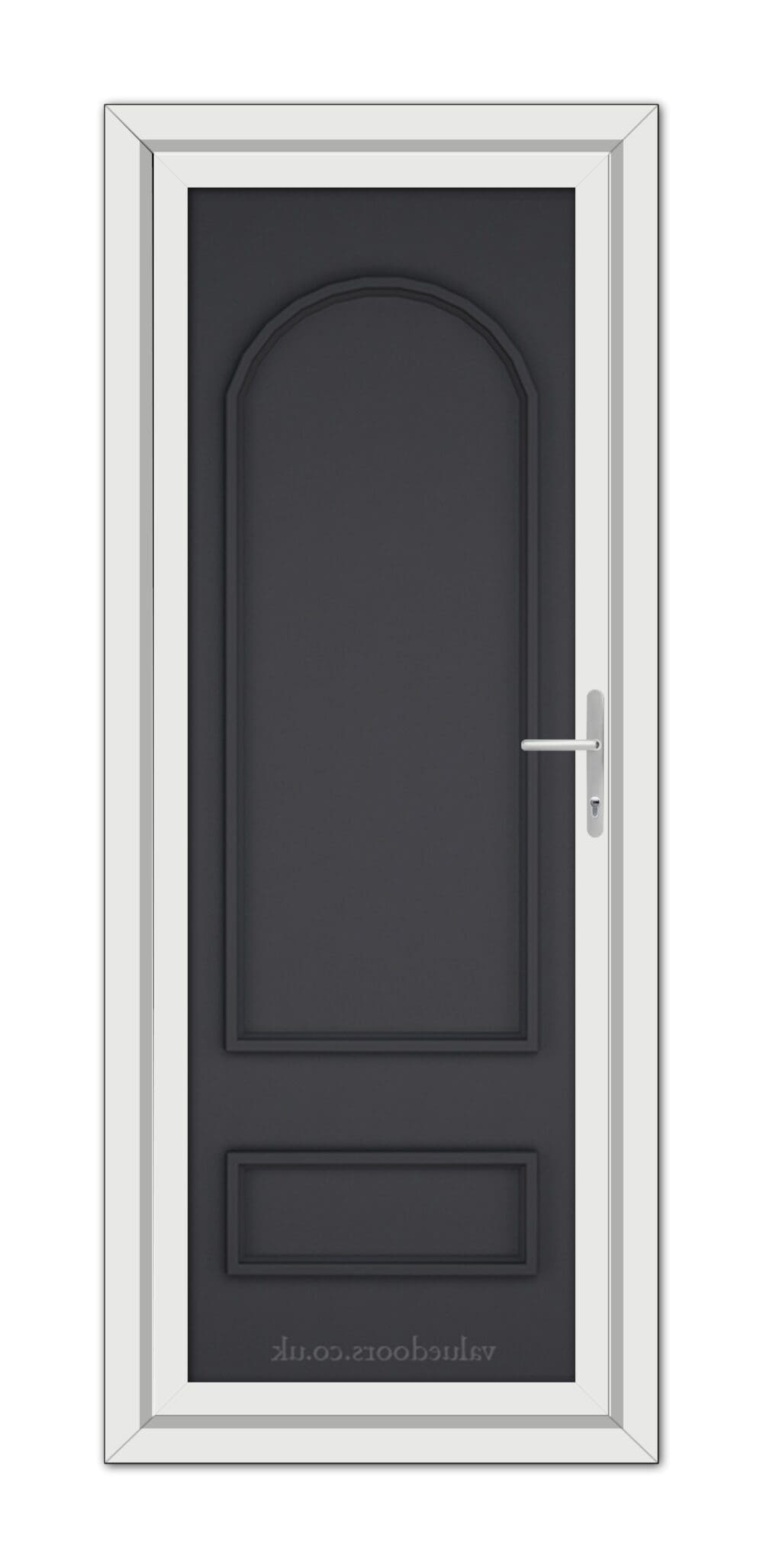 A modern Grey Canterbury Solid uPVC Door with a white frame and a metallic handle, featuring a vertical arched design at the top.