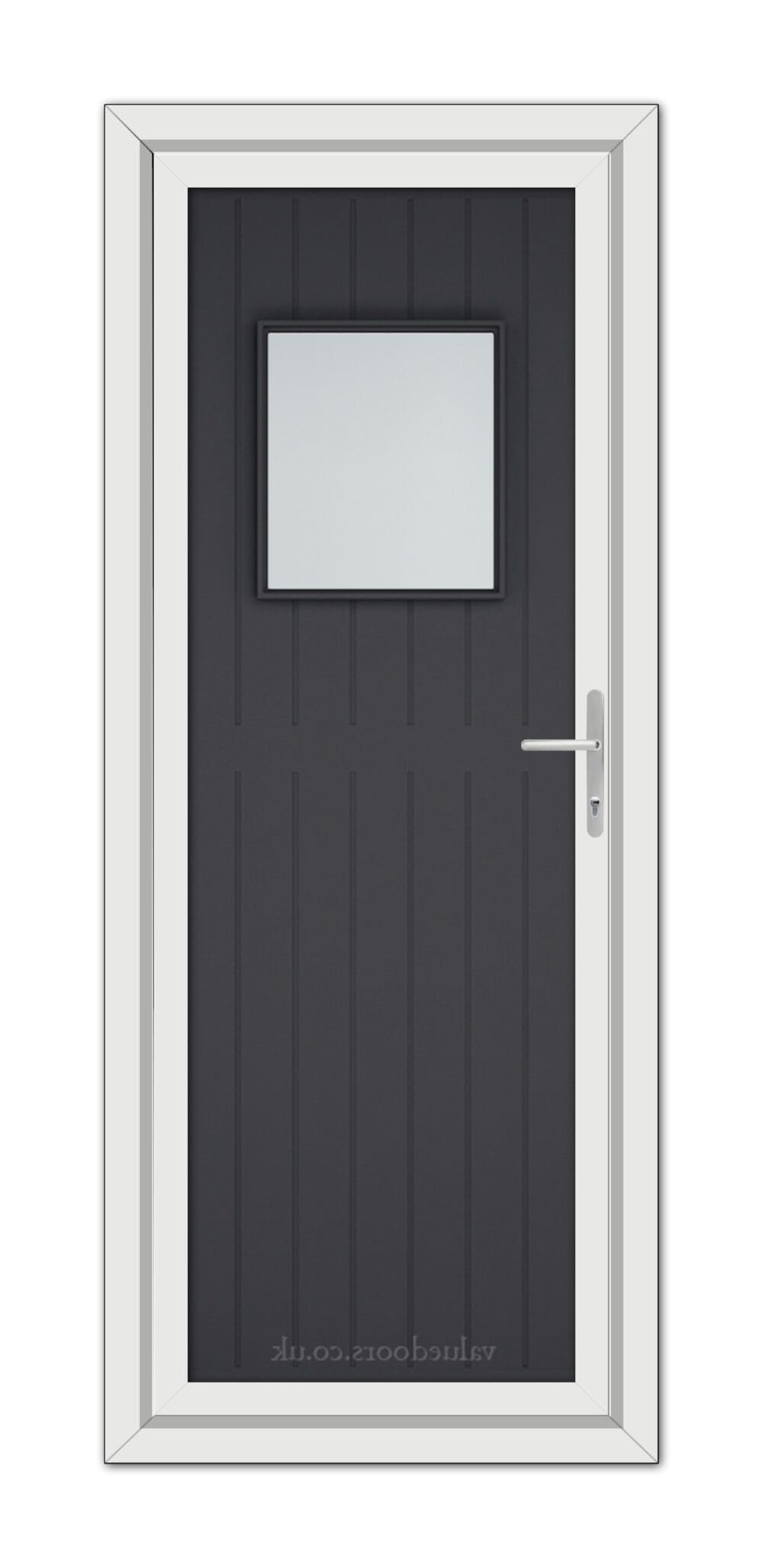 Sentence with Product Name: A modern Grey Chatsworth uPVC Door featuring a small, centered rectangular window, vertical panels, and a silver handle, framed in white.