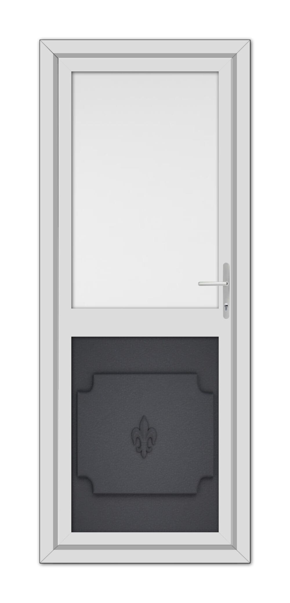 A modern Grey Grained Abbey Half uPVC Back Door with a top glass panel and a decorative lower panel featuring a fleur-de-lis design, complete with a silver handle.