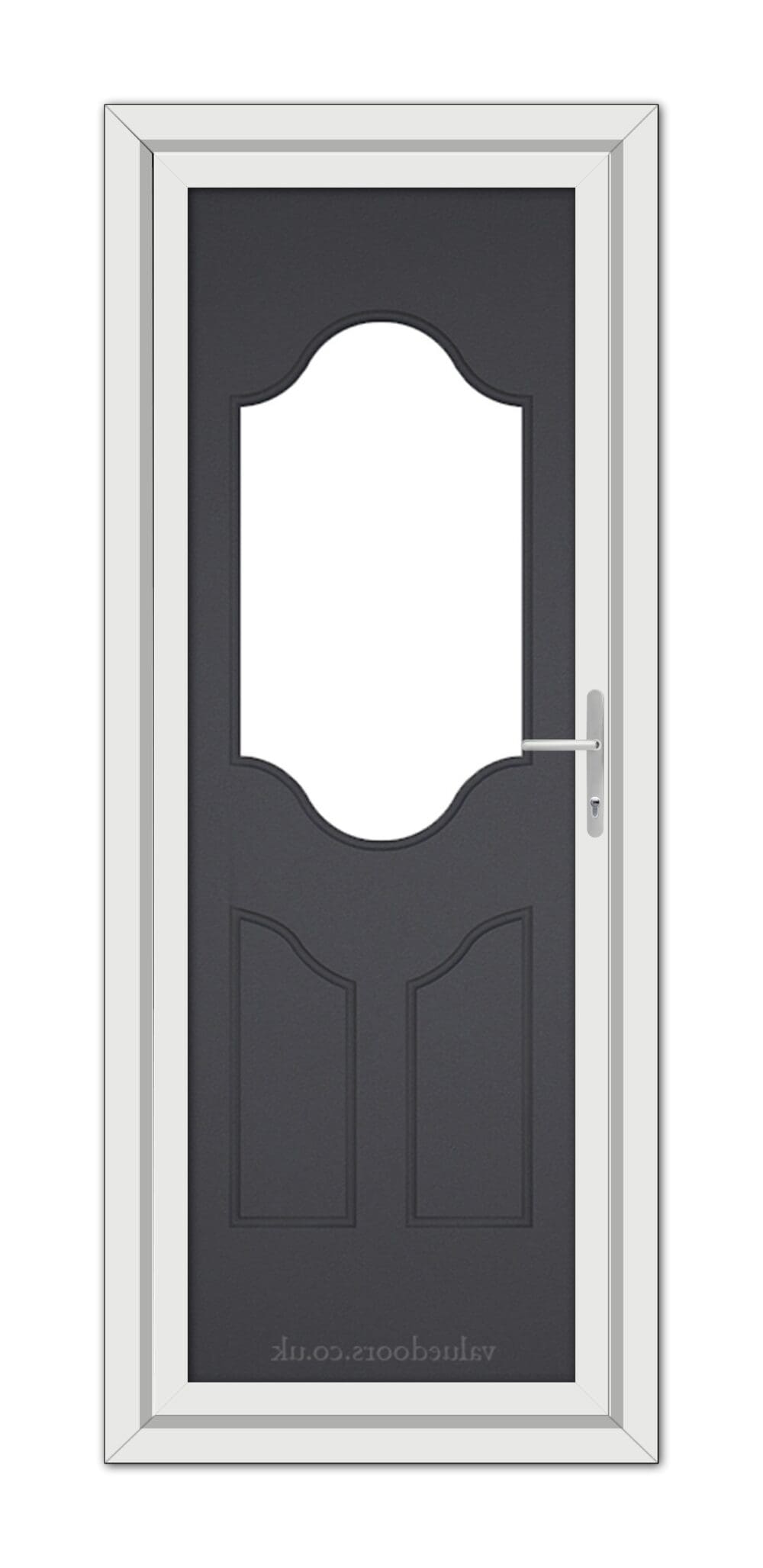 A vertical image of a Grey Grained Althorpe One uPVC Door with a large, central oval glass window, framed in white with a silver handle on the right side.