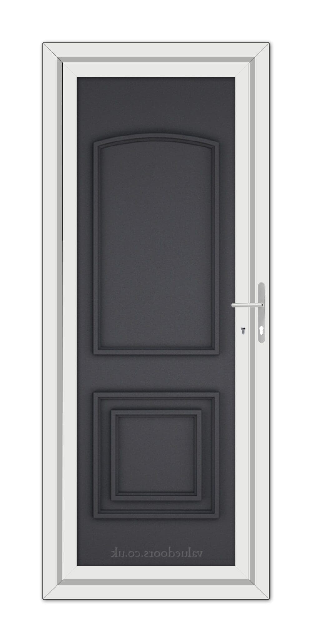 A vertical image of a Grey Grained Balmoral Classic Solid uPVC door with a simple squared design, featuring a silver handle on the right side, set within a white frame.