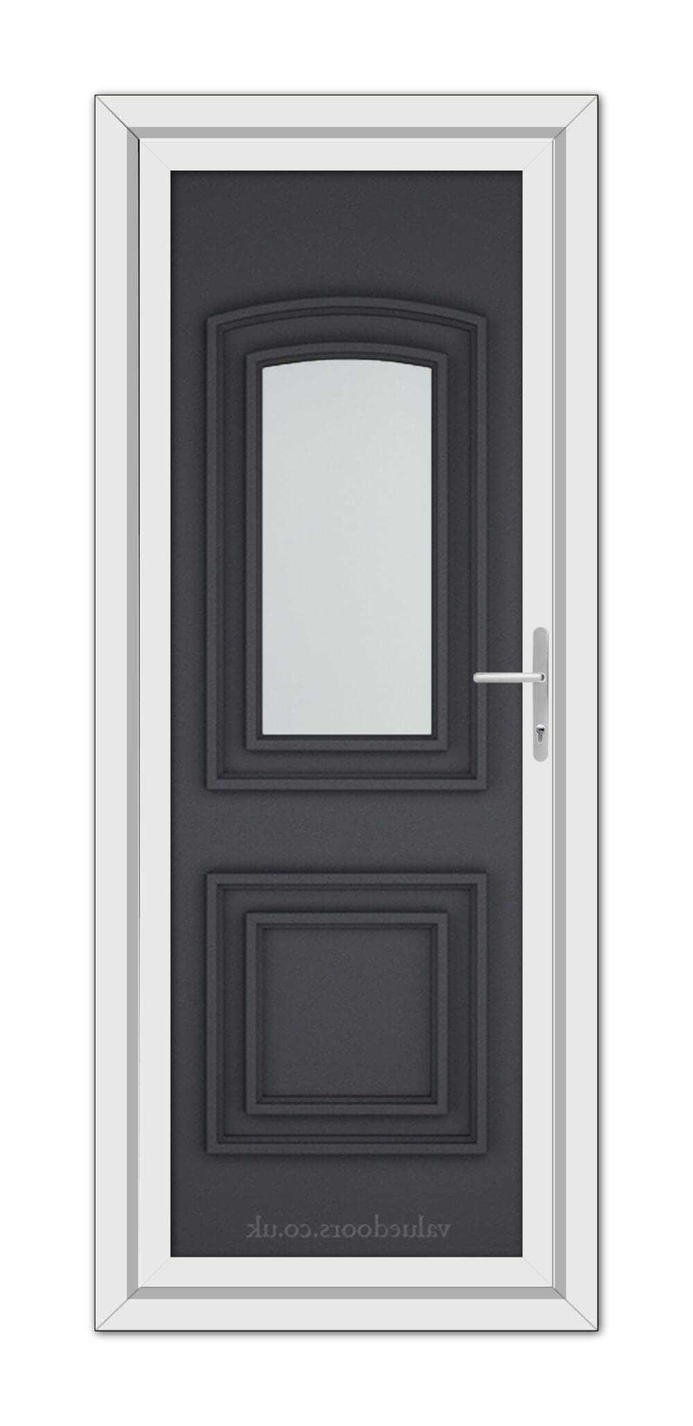 A modern, Grey Grained Balmoral One uPVC door with a narrow vertical glass panel and a silver handle, framed by a white doorframe.