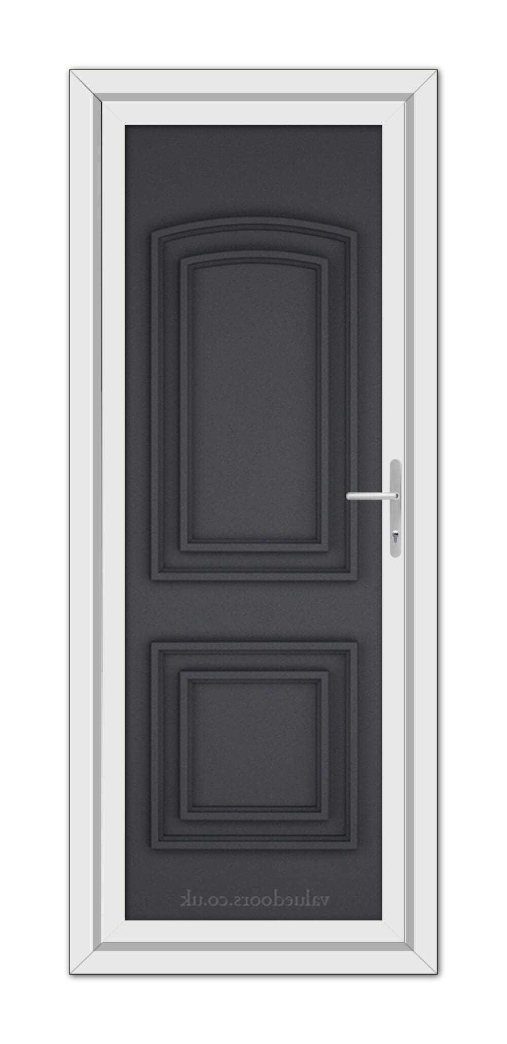 A vertical image of a closed, contemporary Grey Grained Balmoral Solid uPVC door with a silver handle, framed by a white doorframe.