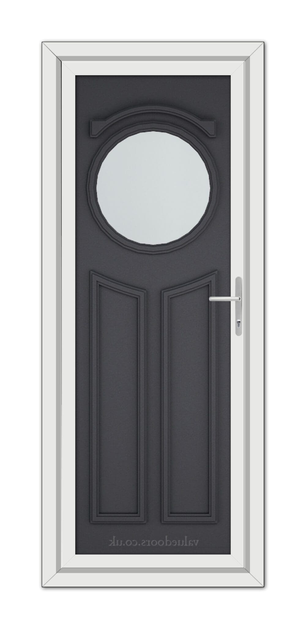 A modern Grey Grained Blenheim uPVC door with an oval glass panel and a silver handle, framed in a white door frame.