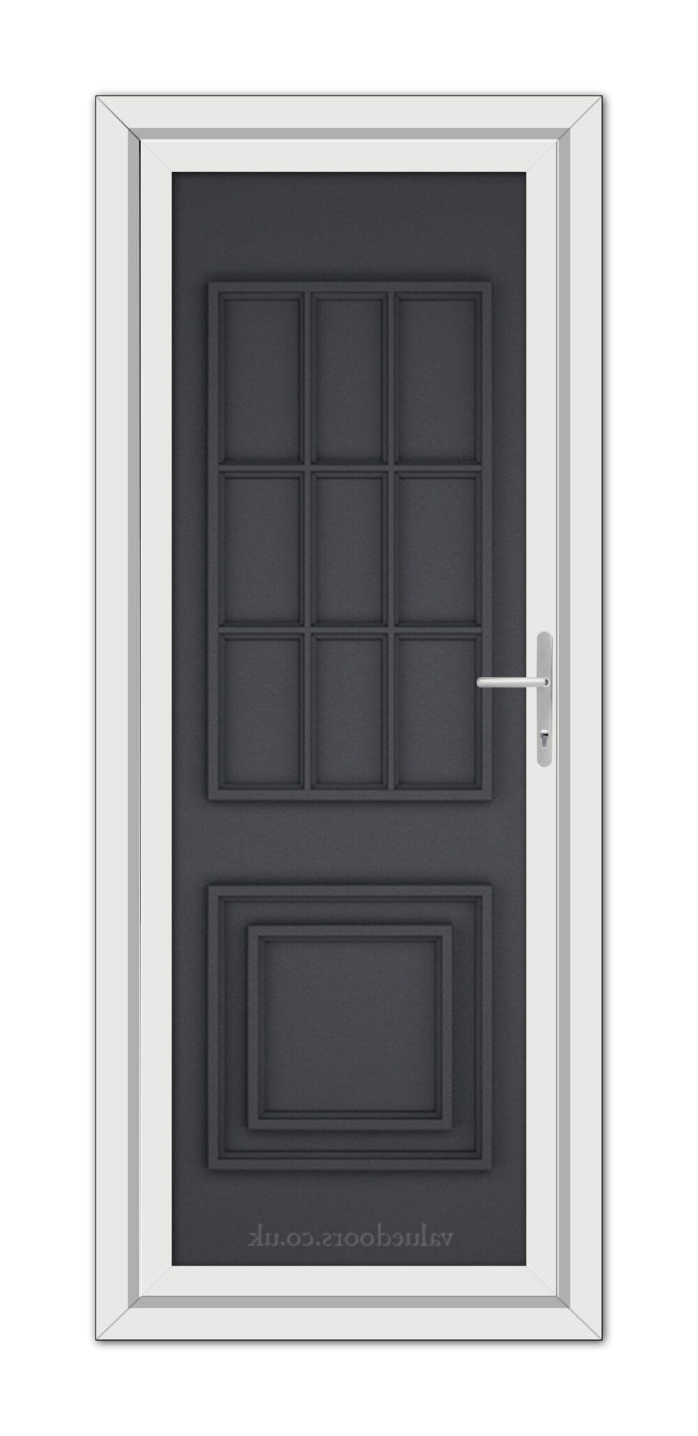 A modern Grey Grained Cambridge One Solid uPVC door with a metal handle, featuring a series of rectangular panels, framed by a white doorframe.