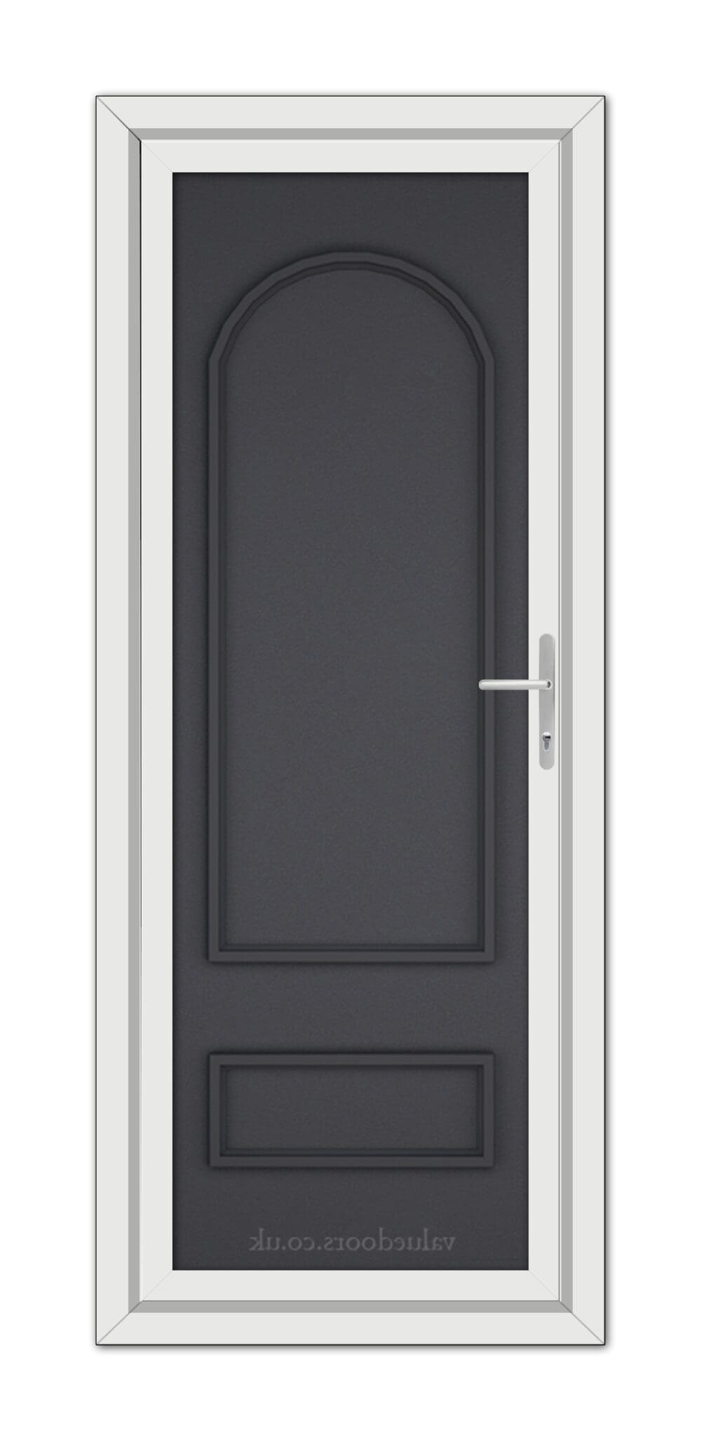 A vertical image of a Grey Grained Canterbury Solid uPVC Door with a white frame and a silver handle on the right side.