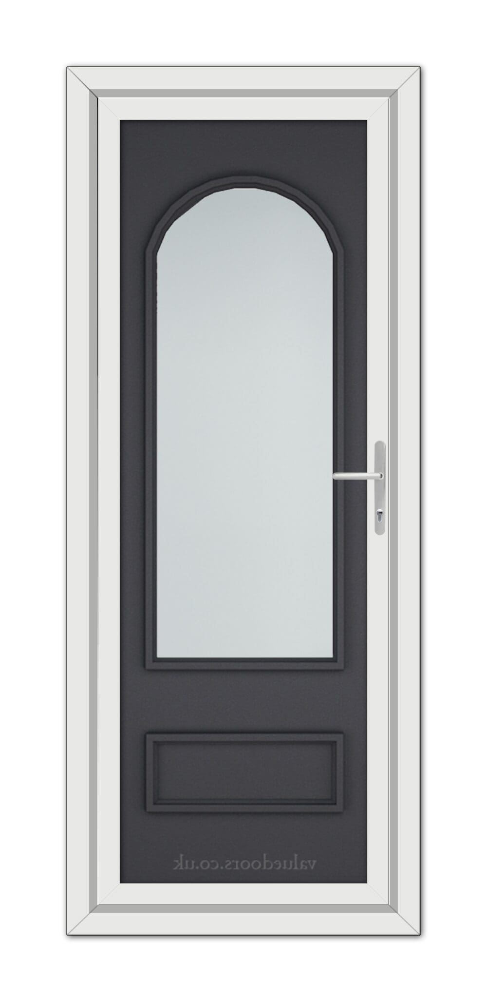 A modern Grey Grained Canterbury uPVC Door with a vertical arched window, framed in white, featuring a silver handle on the right side.