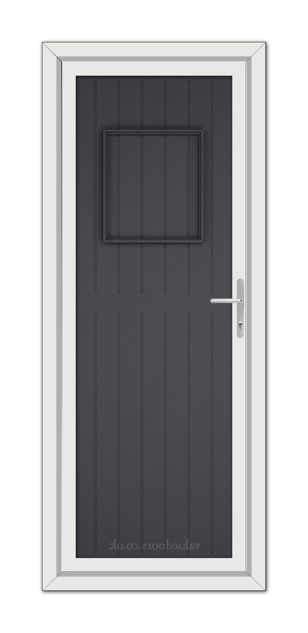 A modern Grey Grained Chatsworth Solid uPVC Door with a top window, set in a white frame, featuring a silver handle on the right.