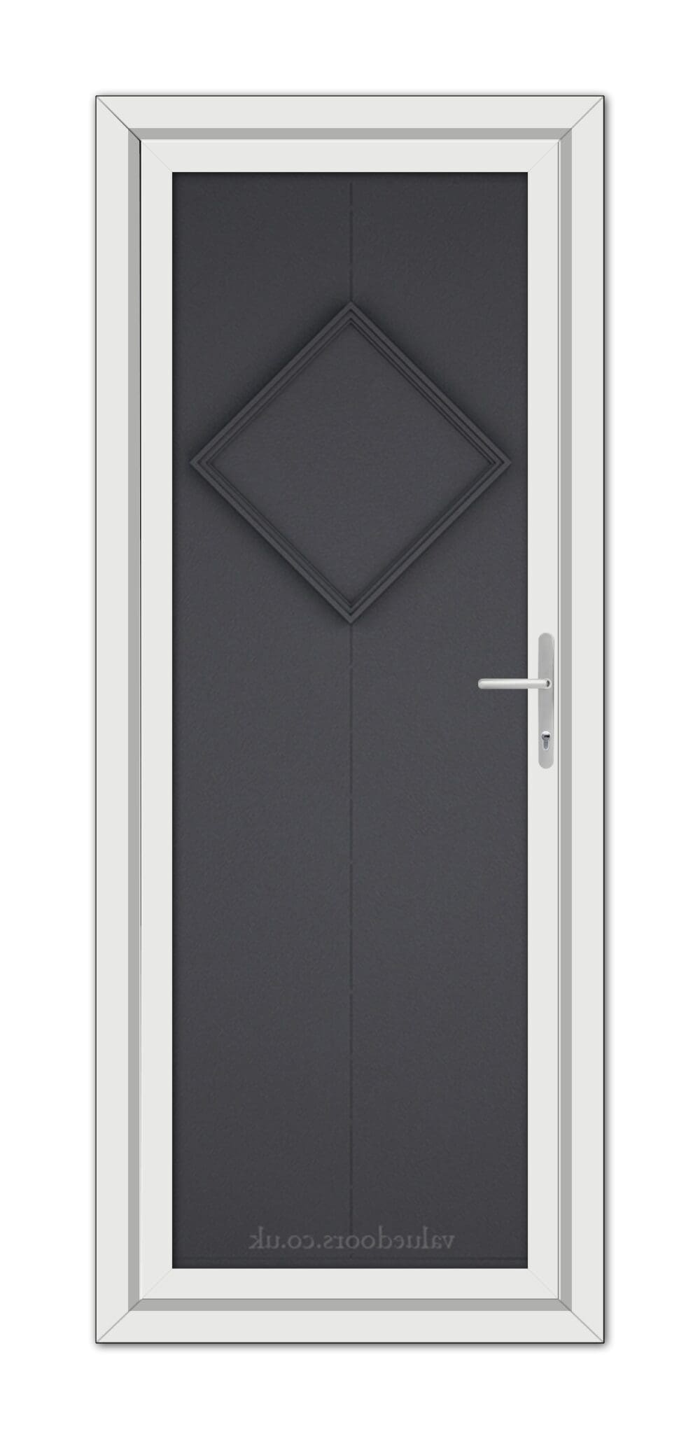 Grey Grained Hamburg Solid uPVC Door with a diamond pattern design and a white frame, featuring a silver handle on the right side.