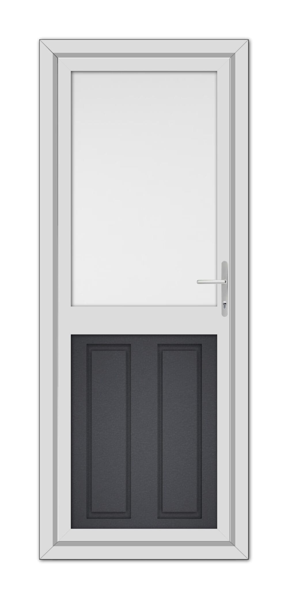 A modern Grey Grained Manor Half uPVC Back Door with a top glass pane and two lower black panels, featuring a metallic handle on the right side.