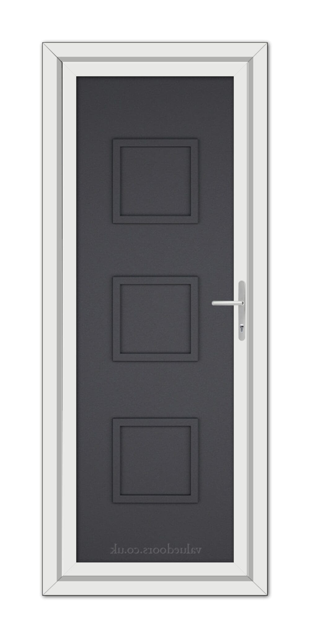 Vertical image of a Grey Grained Modern 5013 Solid uPVC Door with three recessed panels, a silver handle, and a white frame, viewed from the front.