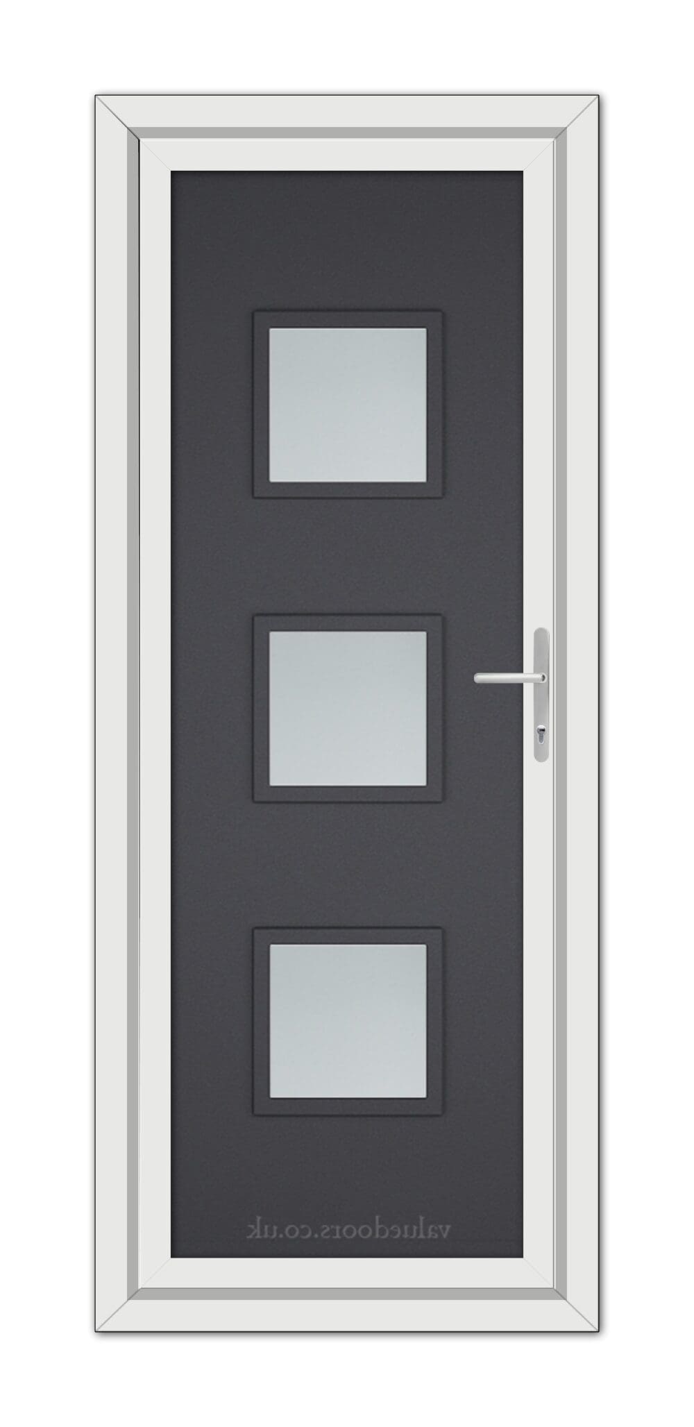 Grey Grained Modern 5013 uPVC Door with a white frame, featuring three rectangular frosted glass windows and a silver handle.