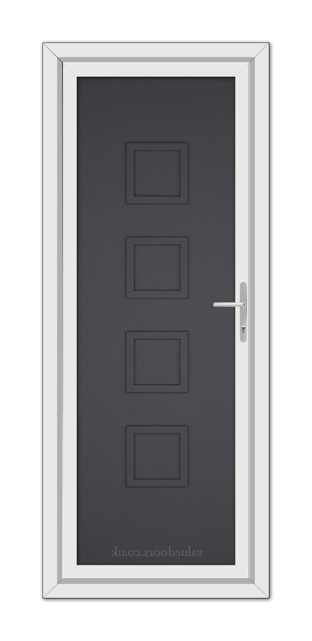 A Grey Grained Modern 5034 Solid uPVC door featuring five rectangular panels, a metallic handle on the right, and framed within a white doorframe.