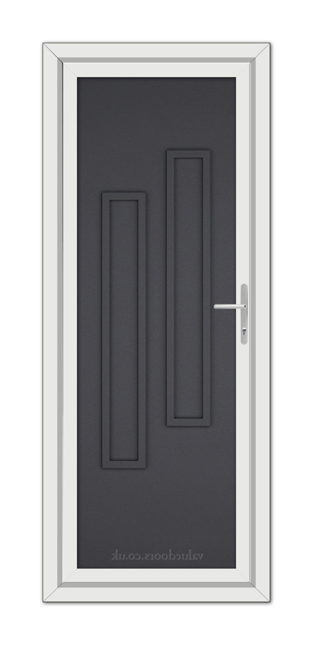 A Grey Grained Modern 5082 Solid uPVC door with a vertical, double-panel design and a silver handle, set in a white frame.