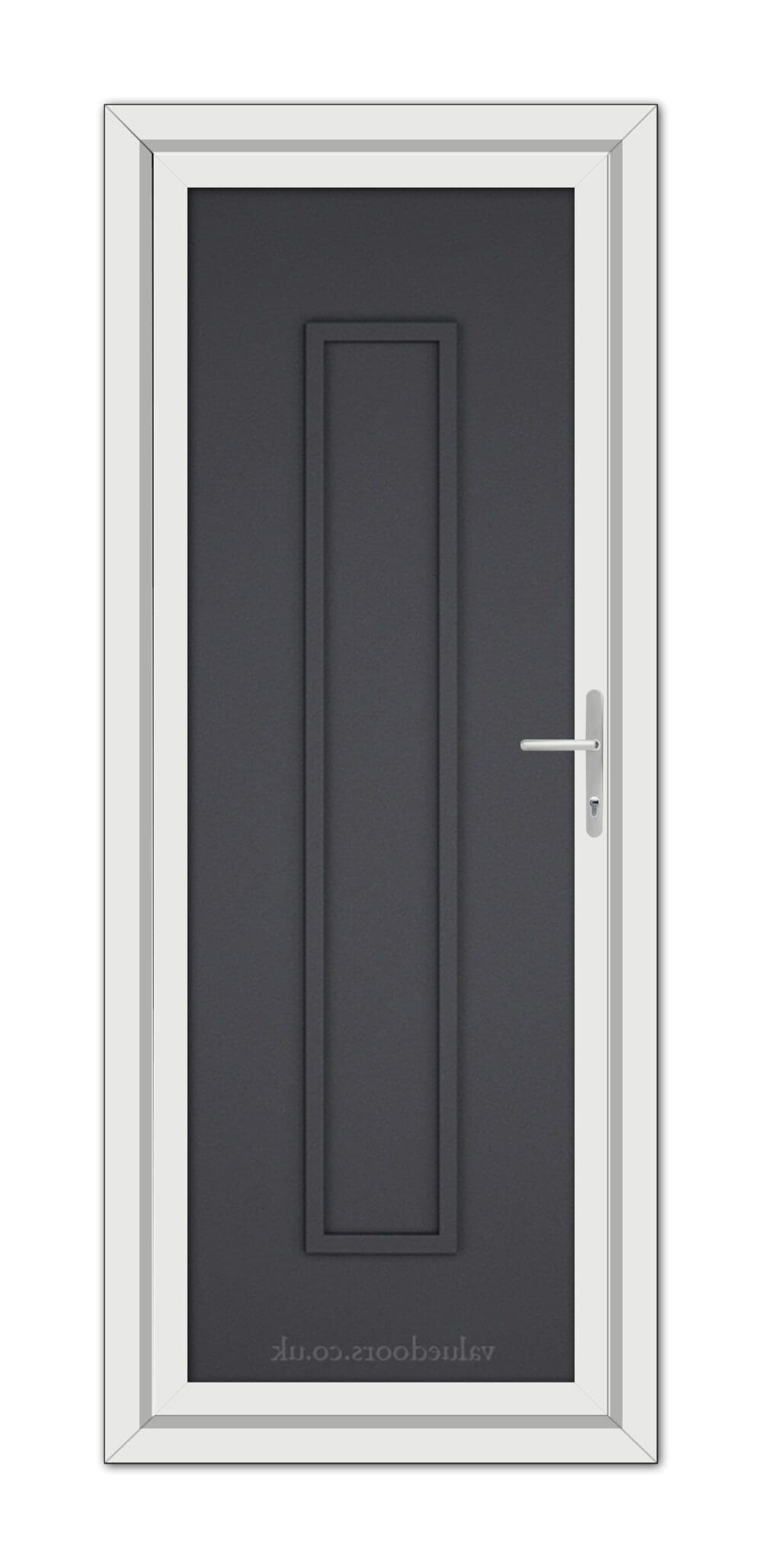 A Grey Grained Modern 5101 Solid uPVC Door featuring a centered vertical rectangular panel, framed in white, with a metallic handle on the right side.