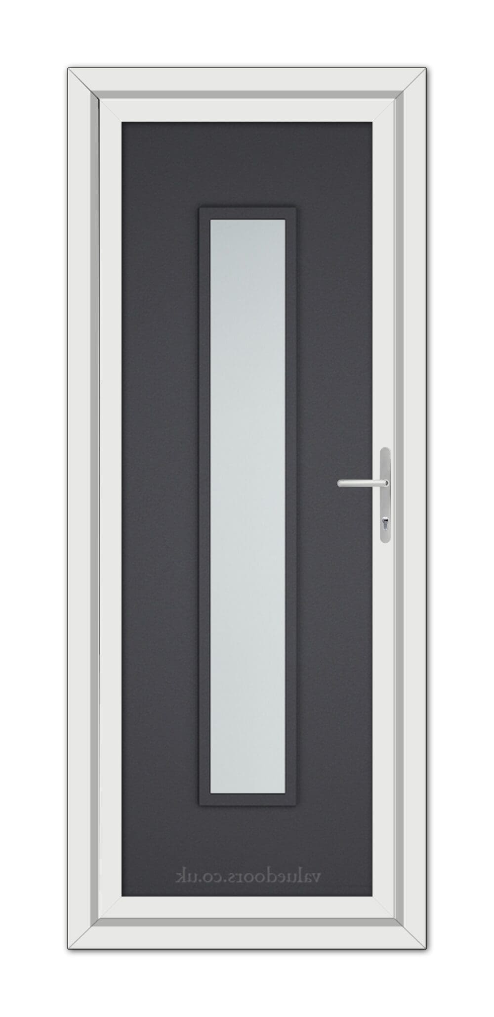 A modern, Grey Grained Modern 5101 uPVC Door with a slim, central glass panel, framed by dark gray and white borders, featuring a metallic handle on the right.