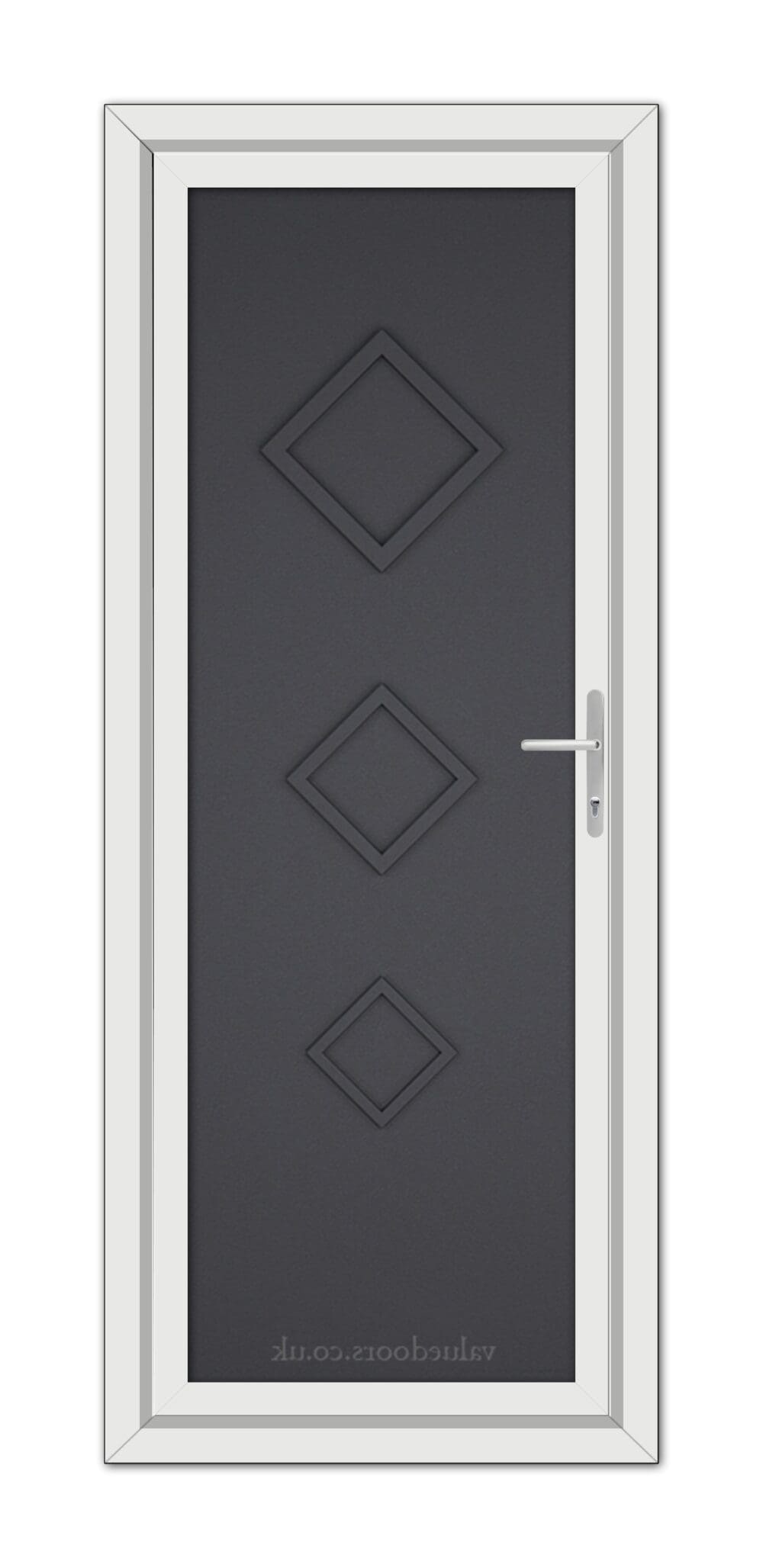 A Grey Grained Modern 5123 Solid uPVC door with a vertical handle and three diamond-shaped panels, set within a white frame.