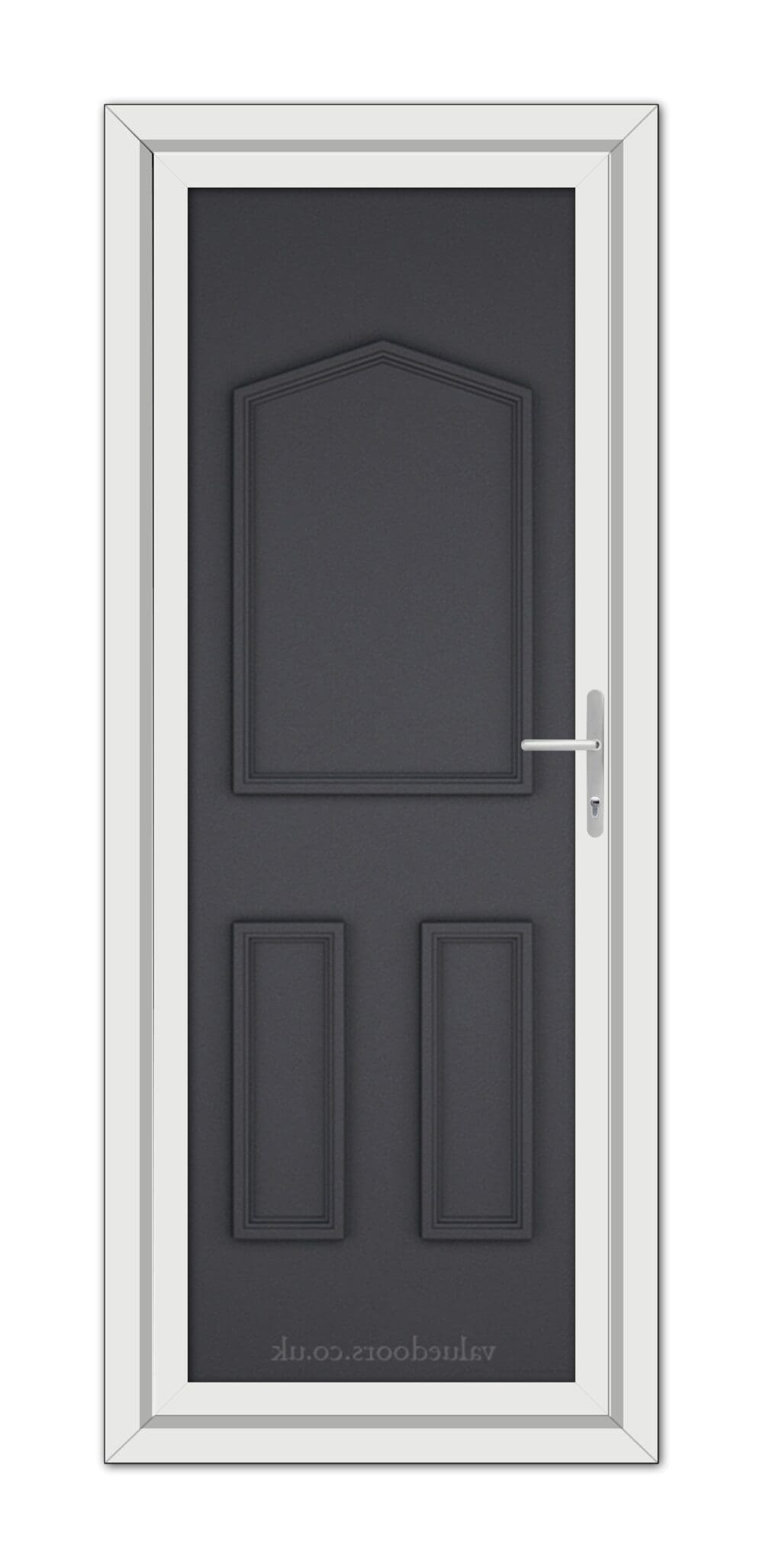 A vertical image of a Grey Grained Oxford Solid uPVC Door with a silver handle, framed by a white door frame, displayed against a white background.