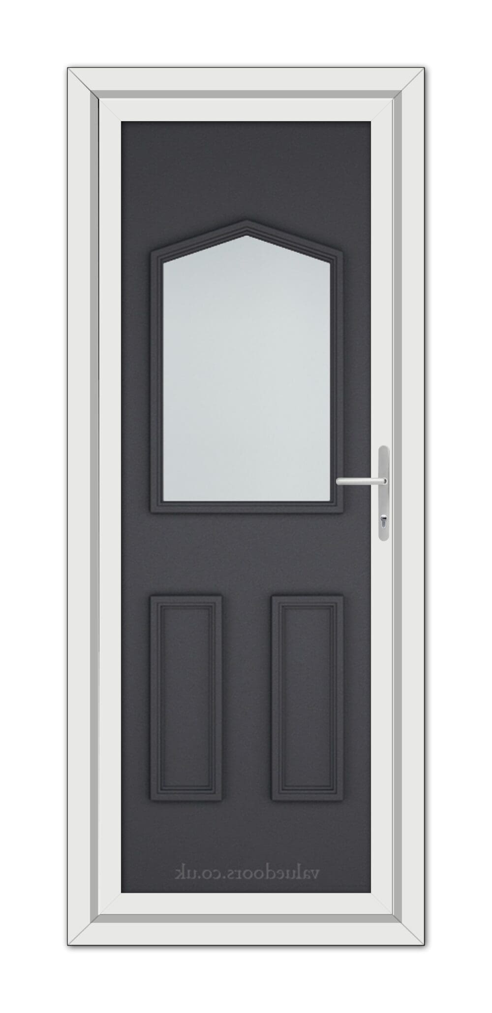 A modern Grey Grained Oxford uPVC Door featuring an arched window at the top, two recessed panels below, and a metallic handle on the right side, set in a white frame.