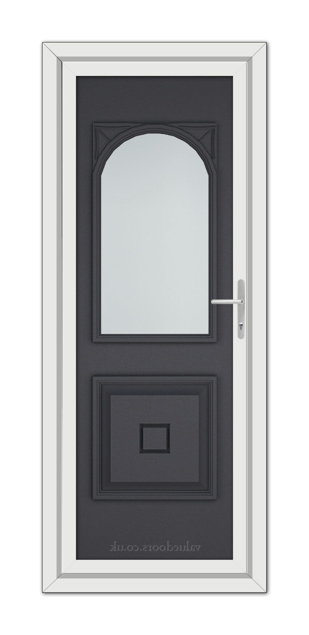 A modern Grey Grained Reims uPVC door with a vertical oval glass window at the top, set in a white frame, featuring a metallic handle on the right.